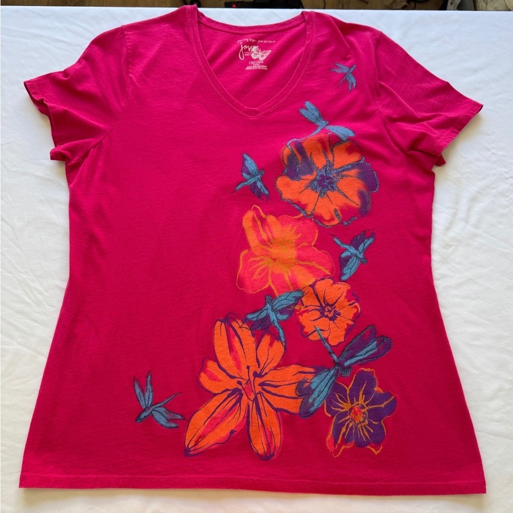 Just My Size Hanes Top Women's 1X 16W Plus Tee Pink Floral Glitter
